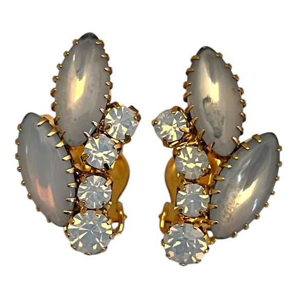 Vintage Brooch & Earring Set Floral Opal Rhinestone Navette Demi-Parure MCM 5Q - Picture 2 of 8